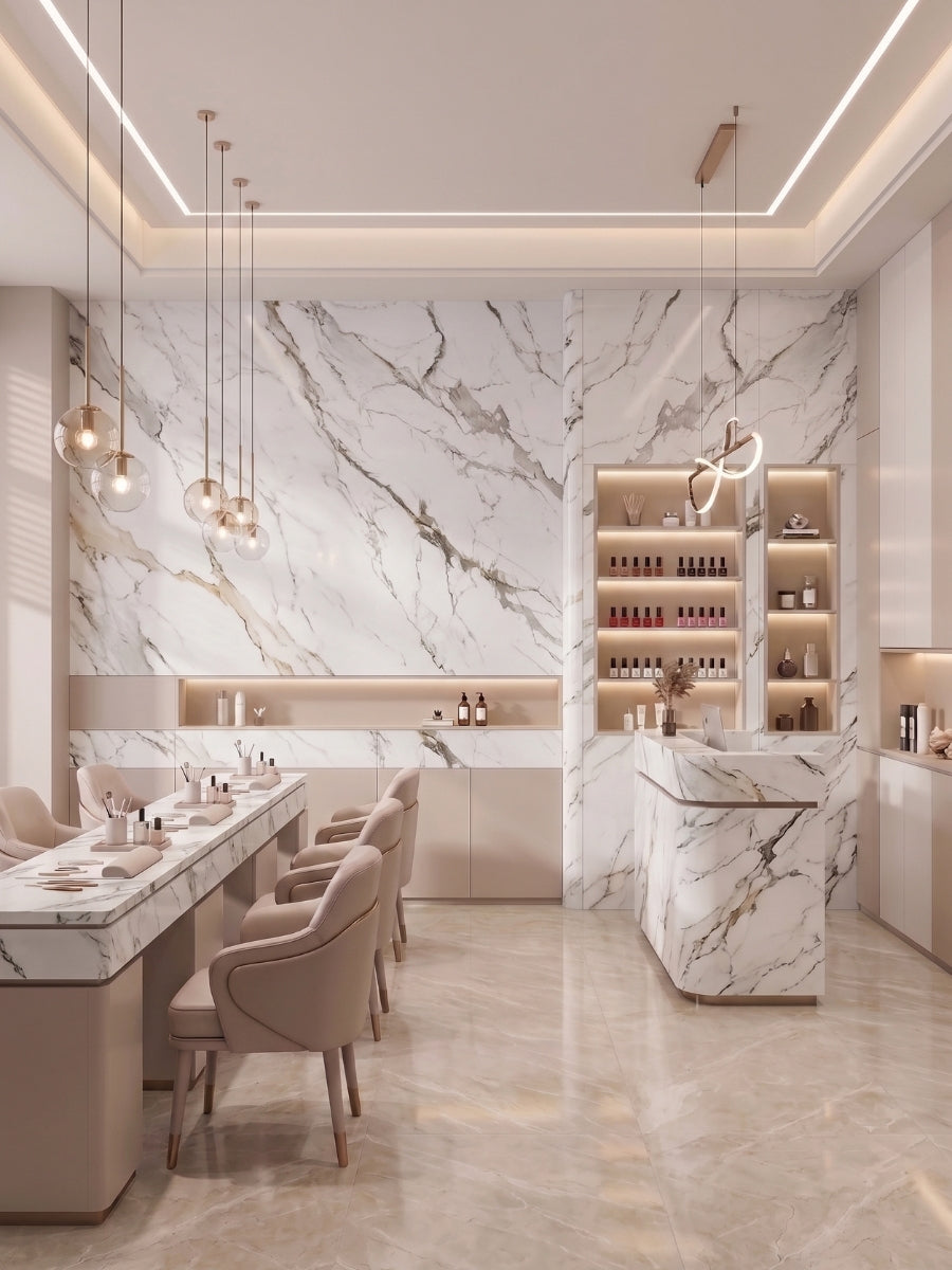 Modern salon with white gray pearl marble-look PVC wall panels and a matching reception counter