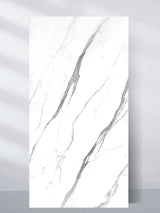 Upright 4 x 8 ft white matte marble PVC wall panel with bold gray veining