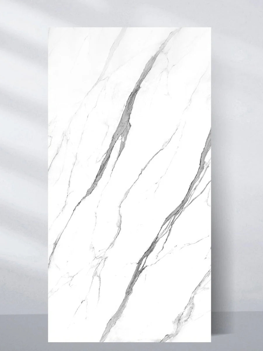 Upright 4 x 8 ft white matte marble PVC wall panel with bold gray veining