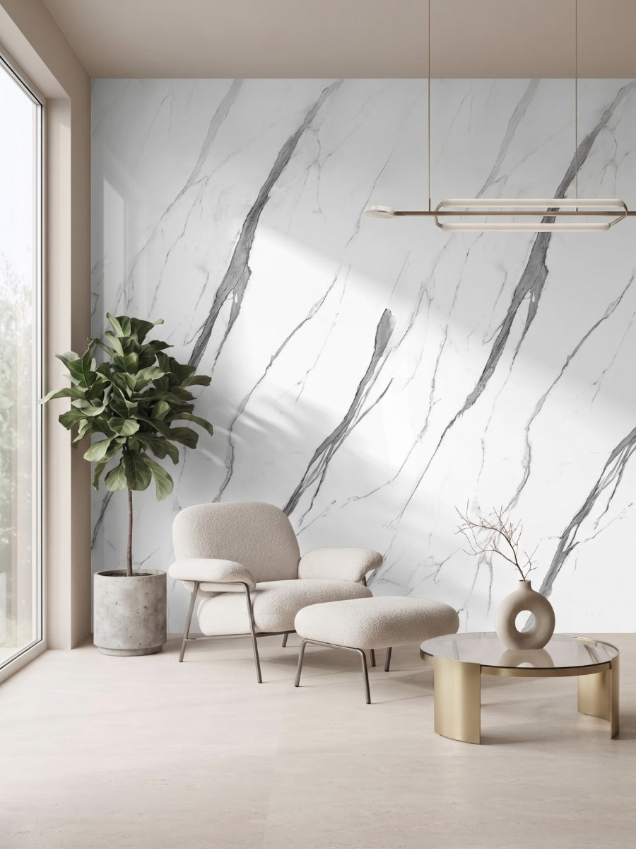White matte marble PVC wall panels with gray veining installed behind a modern lounge chair