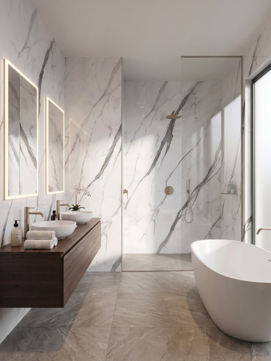 White matte marble PVC wall panels lining a modern bathroom and glass-enclosed shower