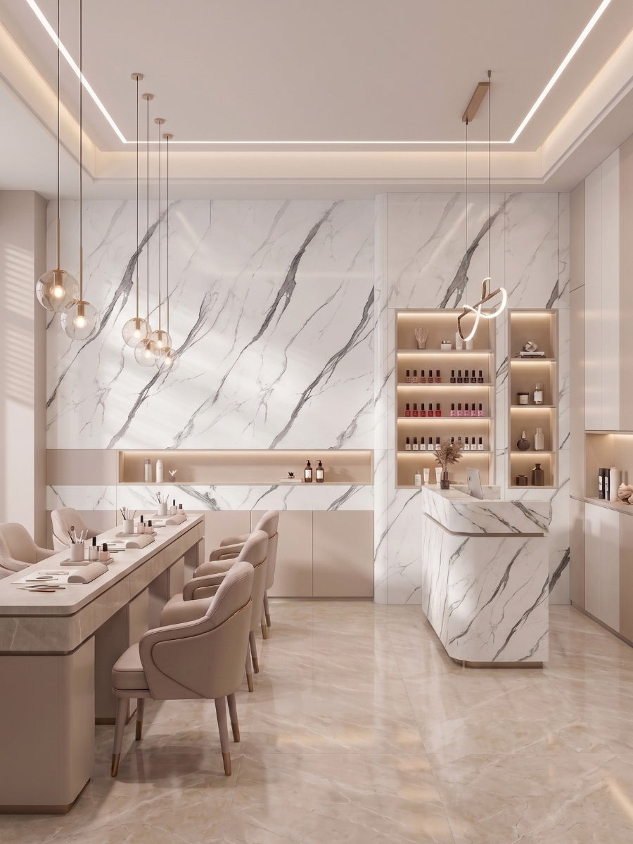 White marble-look PVC wall panels with gray veining in a modern dining and bar interior