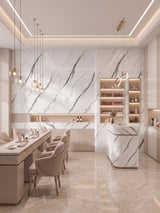 White marble-look PVC wall panels with gray veining in a modern dining and bar interior