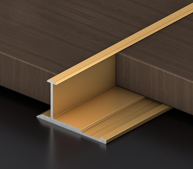 Gold 3mm aluminum H-joint connection trim joining dark wood-look wall panels