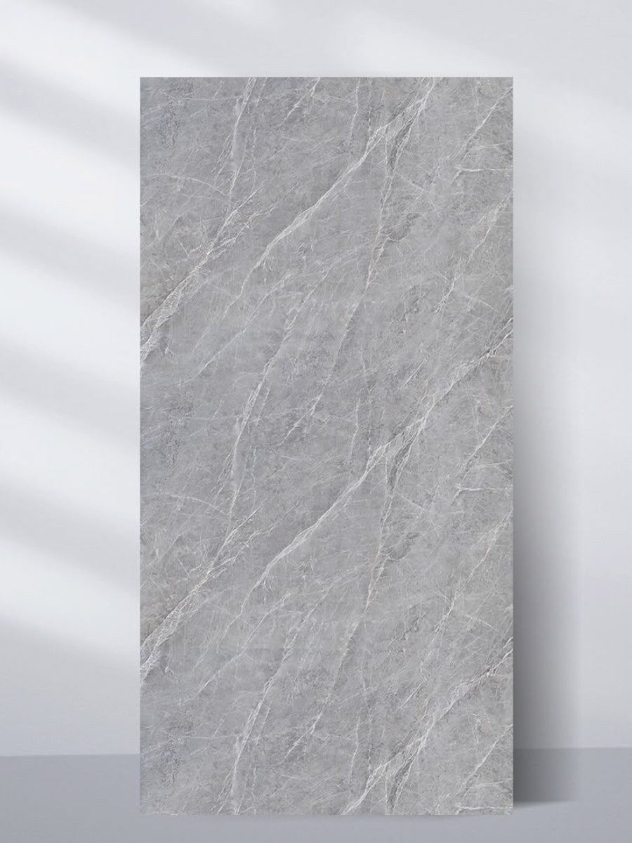 Full 4 x 8 ft ash gray marble-look PVC wall panel with fine white veining
