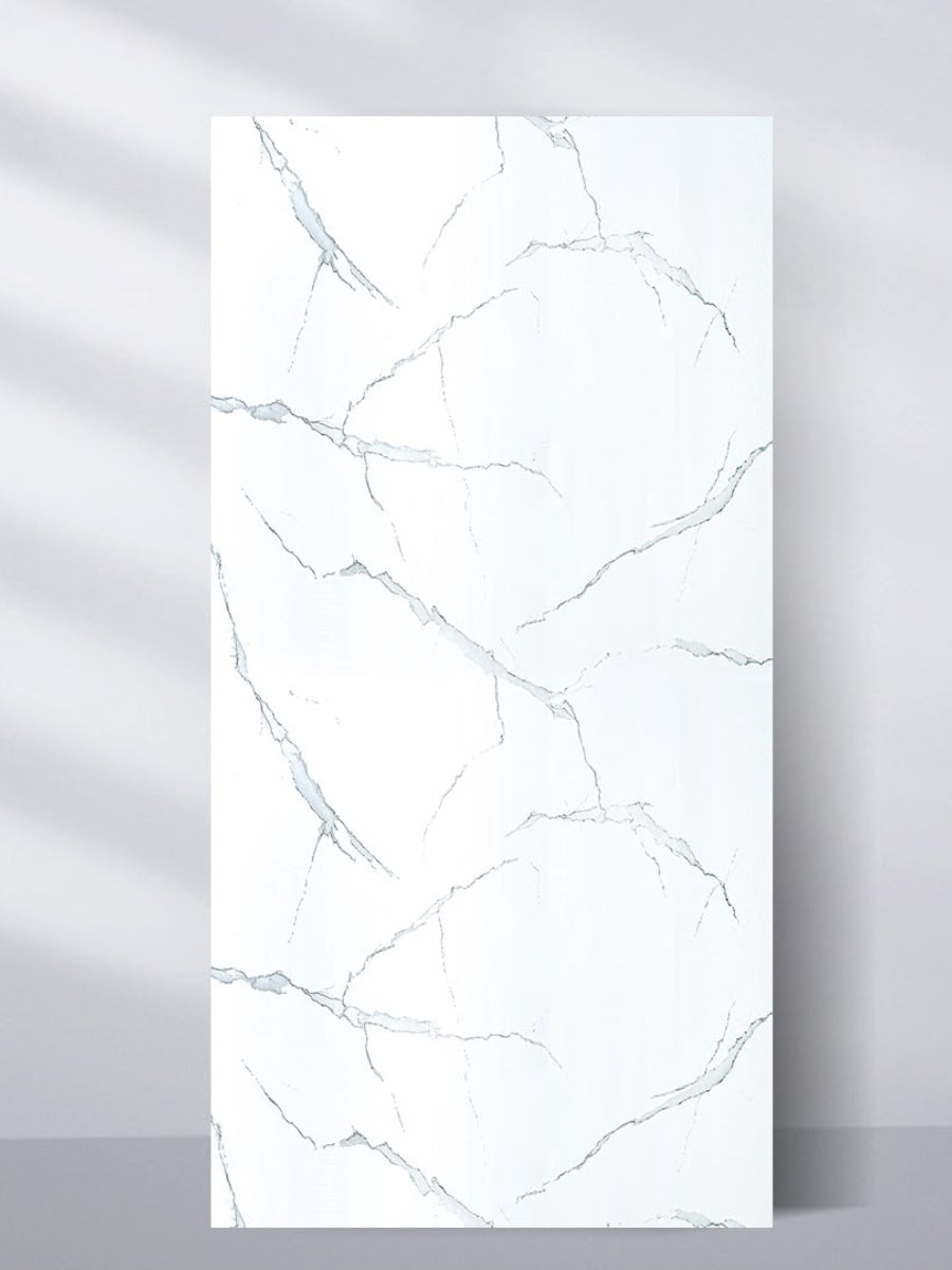 Upright 4 x 8 ft White Gray Pearl Marble PVC wall panel with fine gray veining