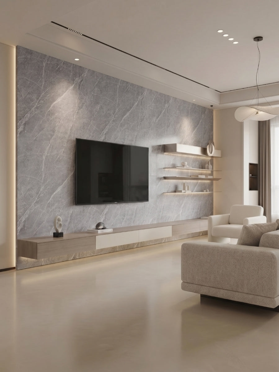 Modern living room with an ash gray marble-look PVC TV wall, floating console, shelves, and neutral seating