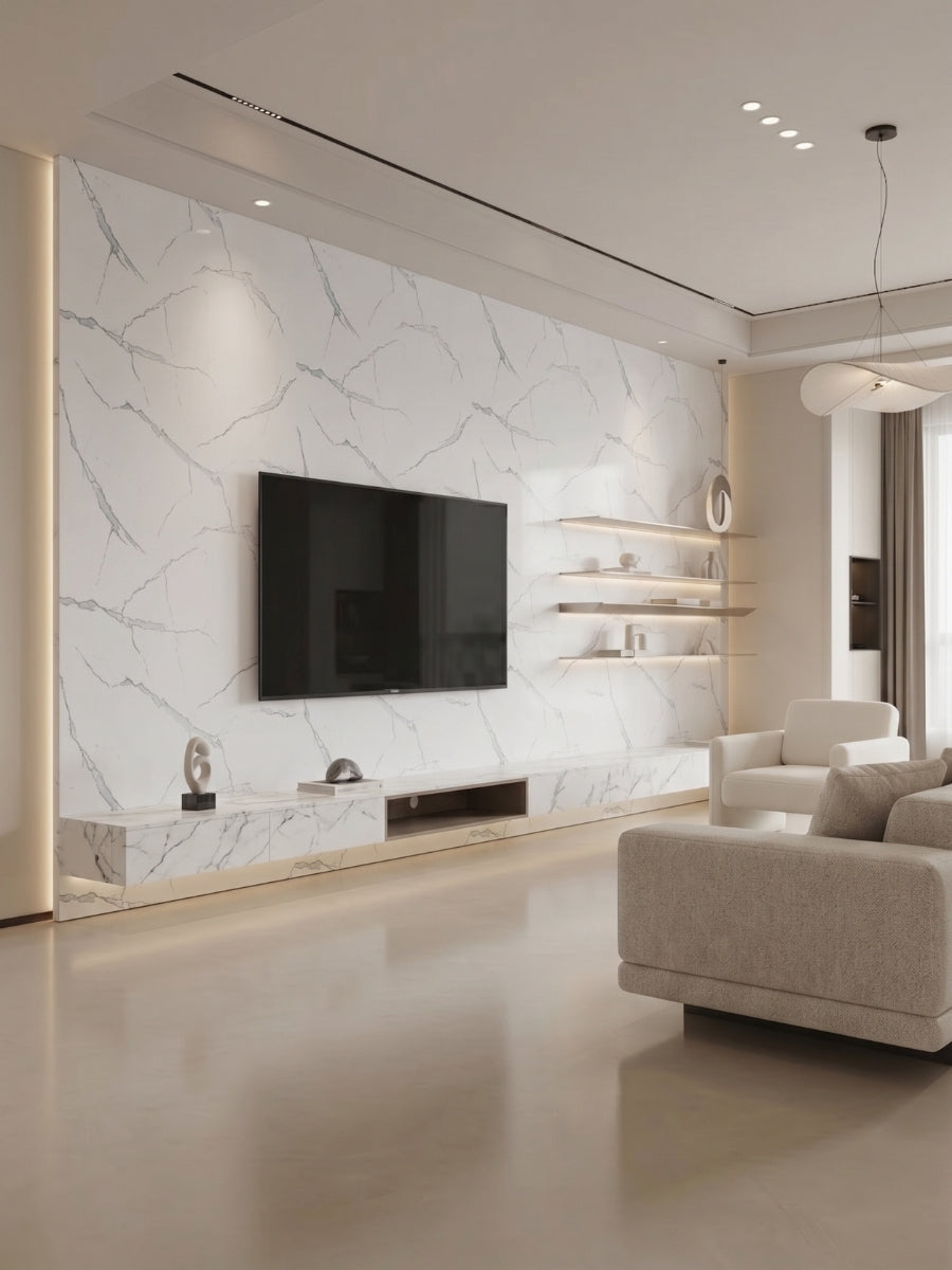 White Gray Pearl Marble PVC wall panels installed as a modern living room TV feature wall