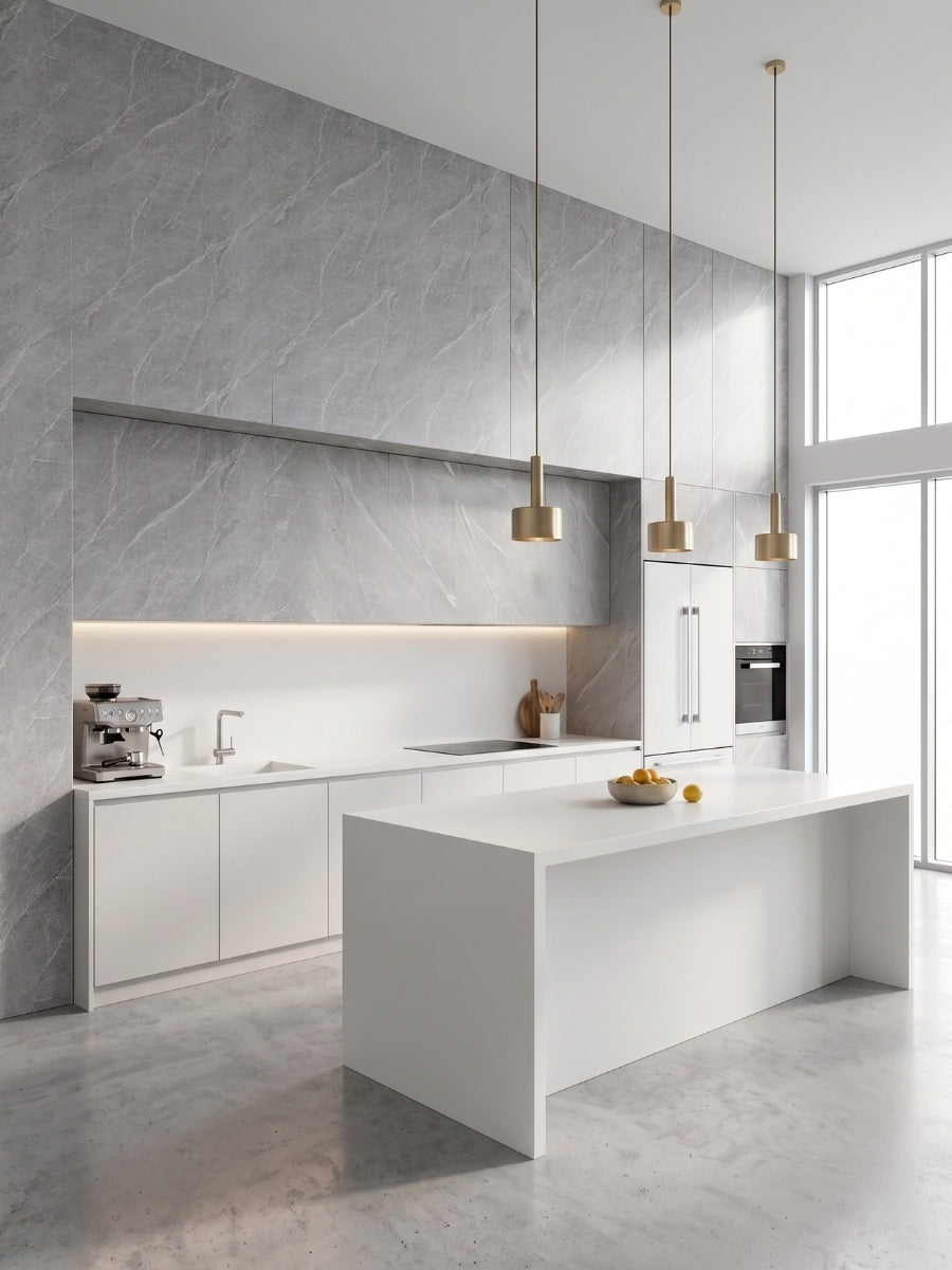 Ash gray marble-look PVC wall panels installed as a feature wall in a modern white kitchen