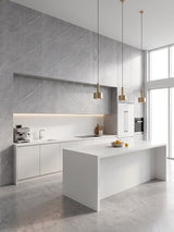 Ash gray marble-look PVC wall panels installed as a feature wall in a modern white kitchen