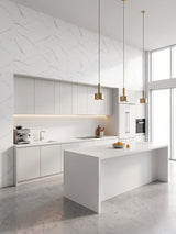 White Gray Pearl Marble PVC wall panels above white cabinetry in a bright modern kitchen