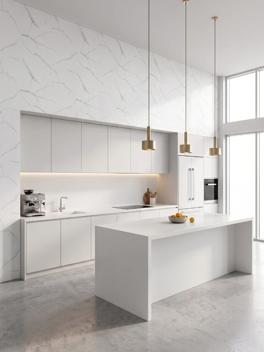 White Gray Pearl Marble PVC wall panels above white cabinetry in a bright modern kitchen