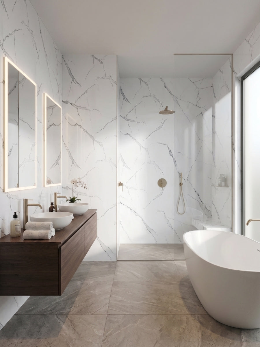 White Gray Pearl Marble PVC wall panels surrounding a walk-in shower in a bright modern bathroom