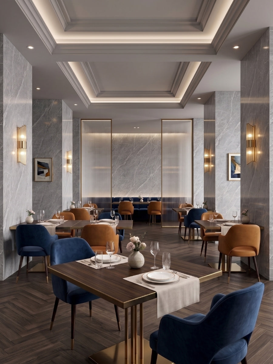 Upscale restaurant interior with ash gray marble-look PVC wall panels, set tables, and blue and tan chairs