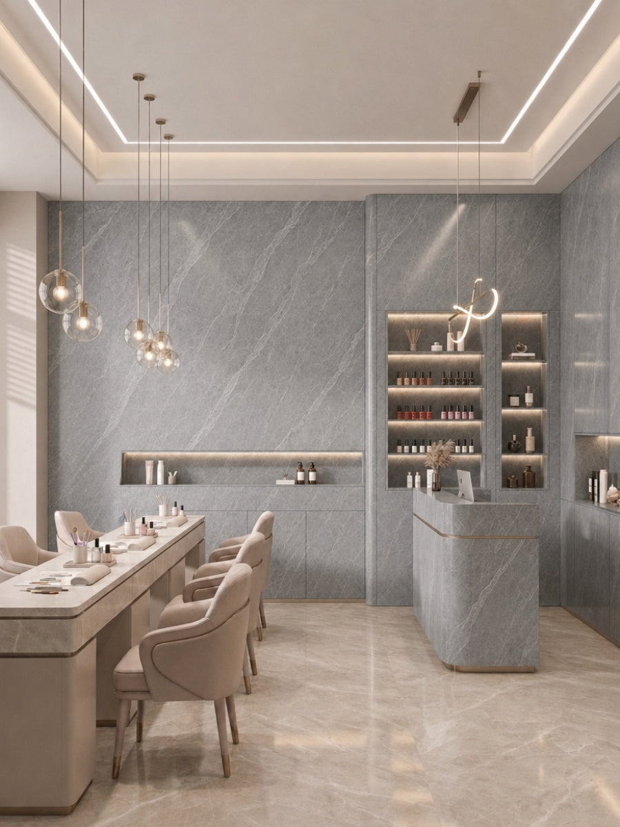 Contemporary salon with ash gray marble-look PVC wall panels, manicure stations, pendant lights, and display shelves