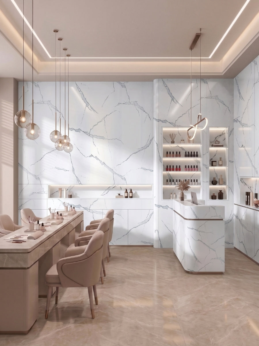 White Gray Pearl Marble PVC wall panels installed throughout a contemporary dining and bar area