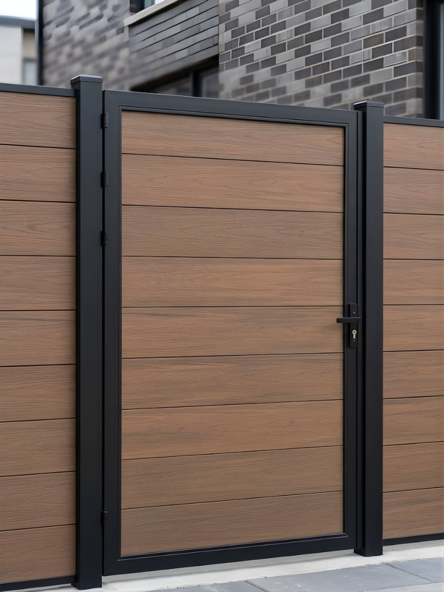 WPC single fence gate walnut color 4x6 ft low maintenance exterior gate